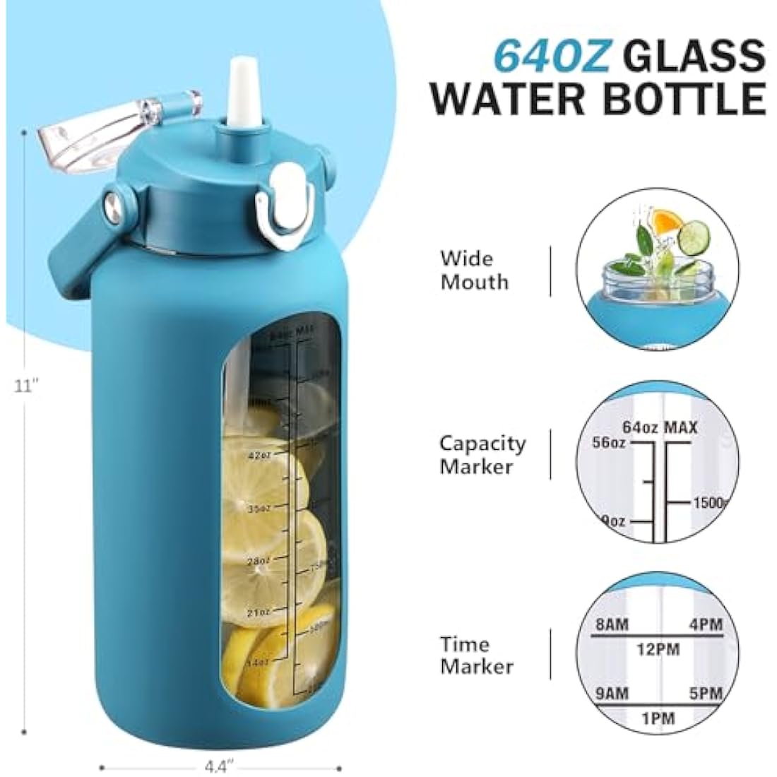 HYDRAGLAZIC 2L Glass Water Bottle with 2 Lids Flip and Chug Lids 2 Liter Large Water Jug with Time Marker and Silicone Sleeve BPA Free Leak-proof for Sports Gym, Blue