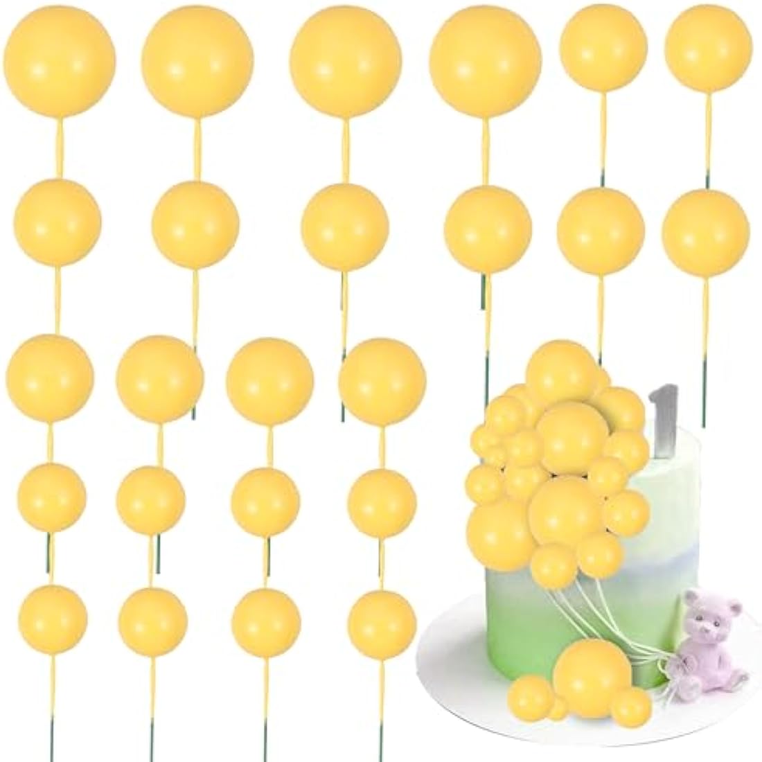 Gyufise 30Pcs Balls Cake Topper Foam Ball Cake Picks Mini Balloon Cupcake Insert Bubble Balls DIY Decoration for Baby Shower Wedding Anniversary Kids Birthday Party Cake Decorations Yellow