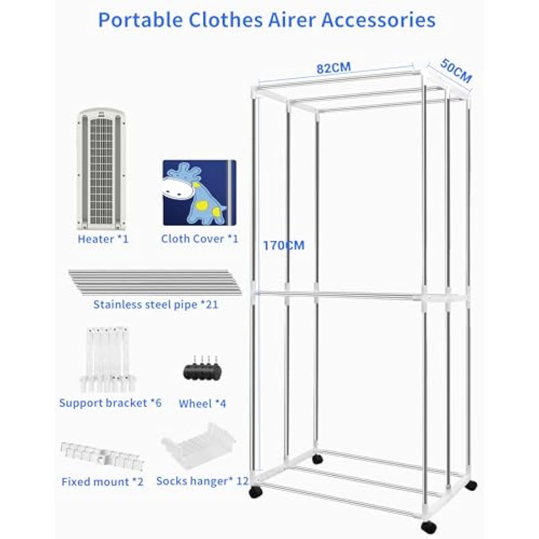 Heated Clothes Airer, 1500W-1.7 Meters Height Electric Dryer (Anion) With Remote Control, 2-Tier Foldable With 240 Mins Timer, Cover for Indoor, Apartment