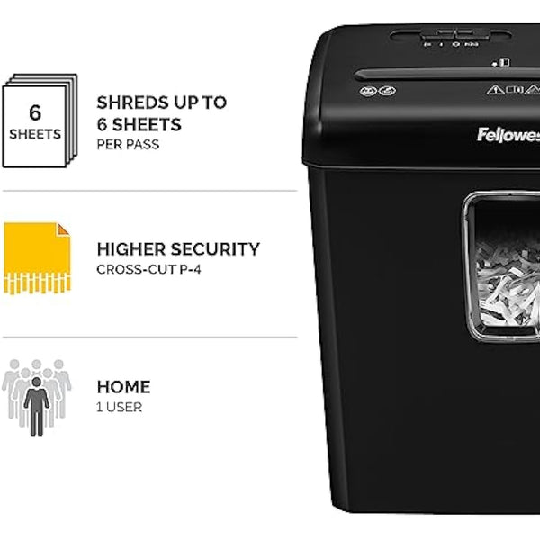 Fellowes Powershred FS-6C 6 Sheet Cross Cut Personal Shredder for Home and Office Use - 15 Litre Bin - Security Level P4 - Amazon Exclusive, Black, Standard