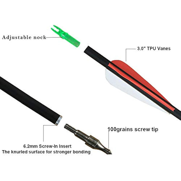 Huntingdoor 12Pcs 30 inch Archery Carbon Arrows Spine 550 Hunting Targeting Arrows with Replaceable Broadhead for Recurve Bow Compound Bow Target Practice