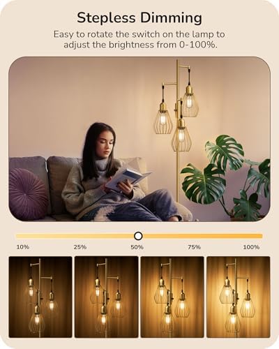 EDISHINE Industrial Floor Lamp, Dimmable Standing Lamp with Wire Cage Lampshade, Floor Lamps for Living Room, Bedroom, E27 Sockets, 3 LED Bulbs Included, Gold Metal