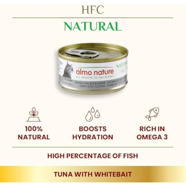 Almo Nature HFC Natural - Wet Cat Food for Cats - Tuna with Whitebait - Gluten-Free, Grain-Free, Human-Grade, Monoproteic - 70g (Pack of 24)