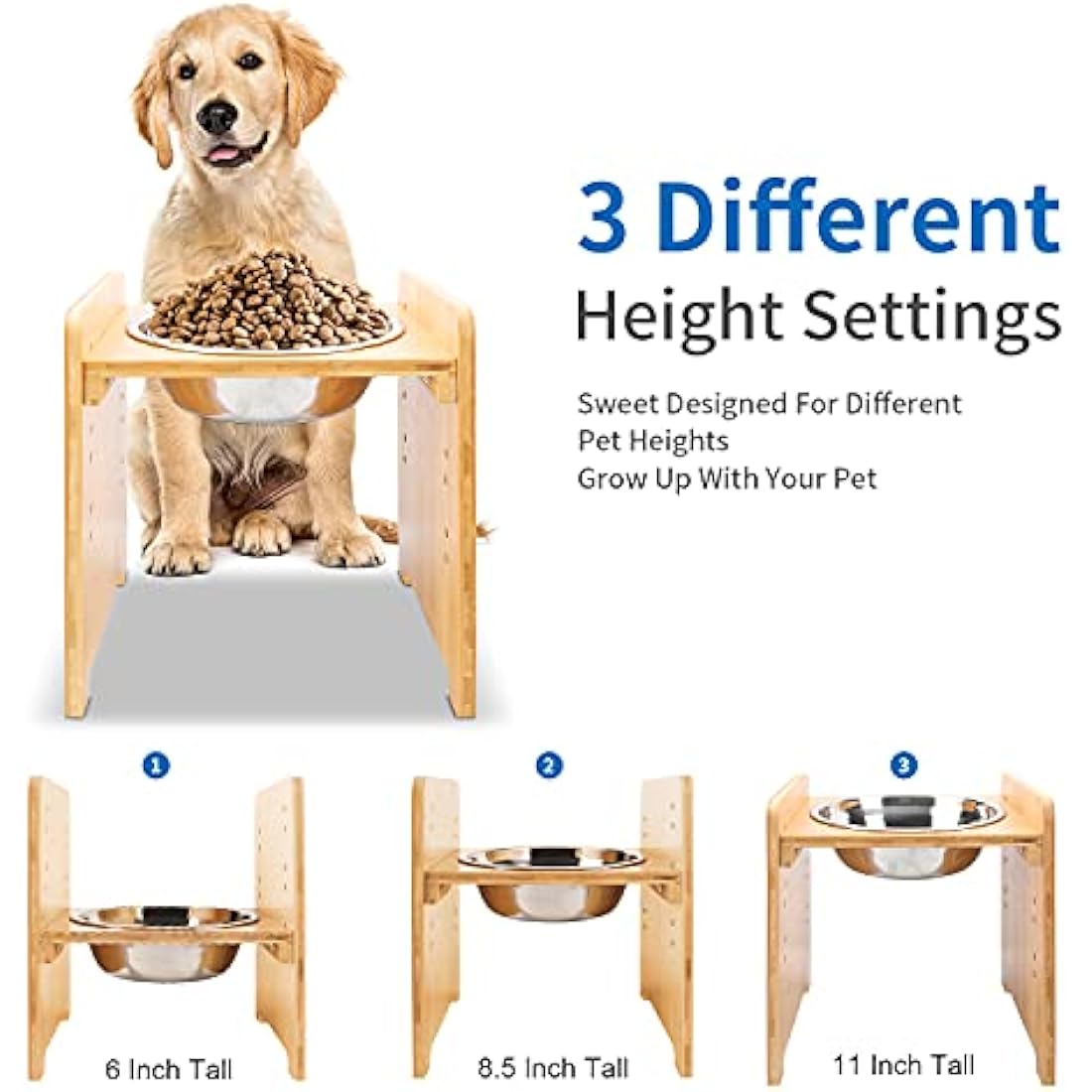 FOREYY Set of 2 Raised Pet Bowls for Cats and Small Dogs - Bamboo Tilted Single Elevated Dog Cat Food and Water Stand Feeder with 2 Stainless Steel Bowls and Anti Slip Feet for Comfort Feeding(Large)