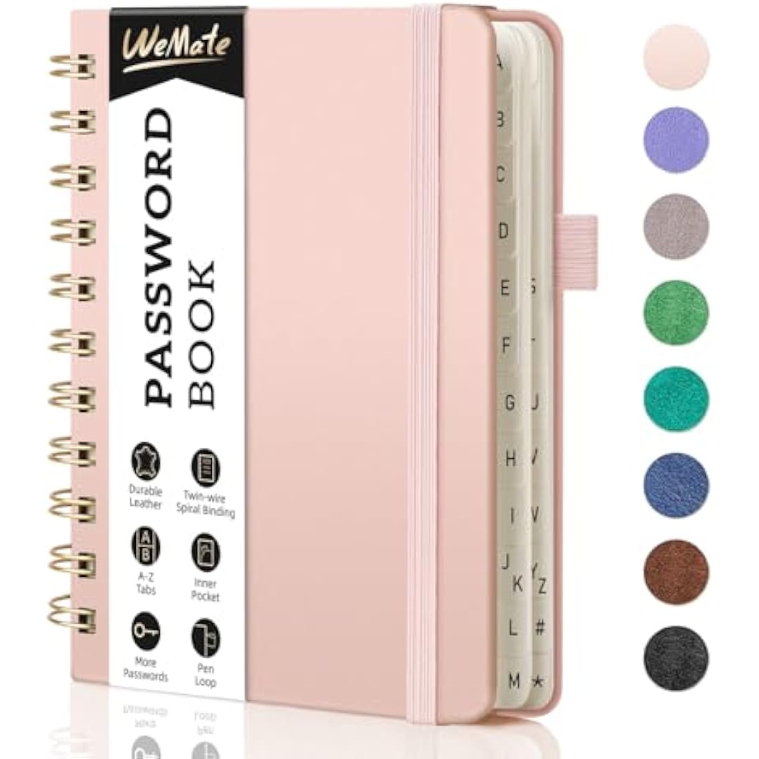 WEMATE Spiral Password Book with Alphabetical Tabs, Small Password Keeper Book for Seniors, Internet Password Notebook Hardcover Password Journal logbook – 12 x 15cm (Rose Gold)