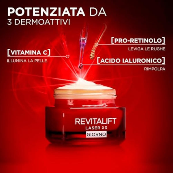 L'Oréal Paris Revitalift Day Cream Laser X3 Anti-Wrinkle Action 50ml + Revitalift Eye Contour Laser X3 Anti-Age 15ml - 2 Treatments with Hyaluronic Acid and Pro-Xylane