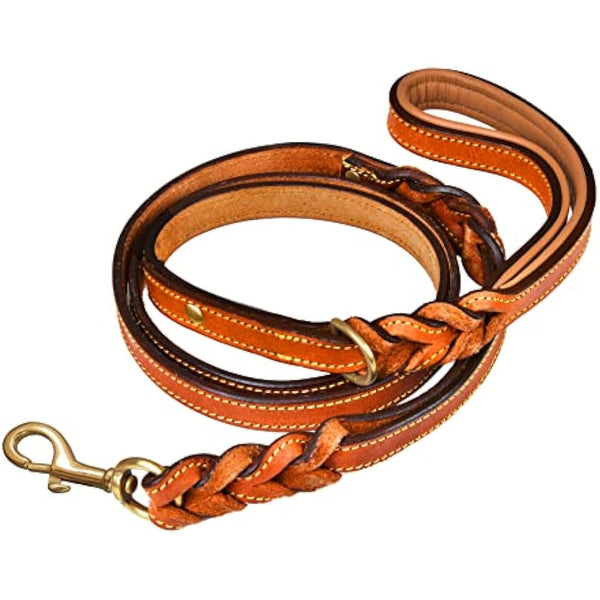 DowgClub | 6' Genuine Leather Dog Leash | Heavy Duty, Handmade, Braided, Strong | Medium, Large, X-L Dogs | Dual Handle Design D Ring | Padded & Traffic | Black, Brown, Cherry, Tan (6 feet, Tan))
