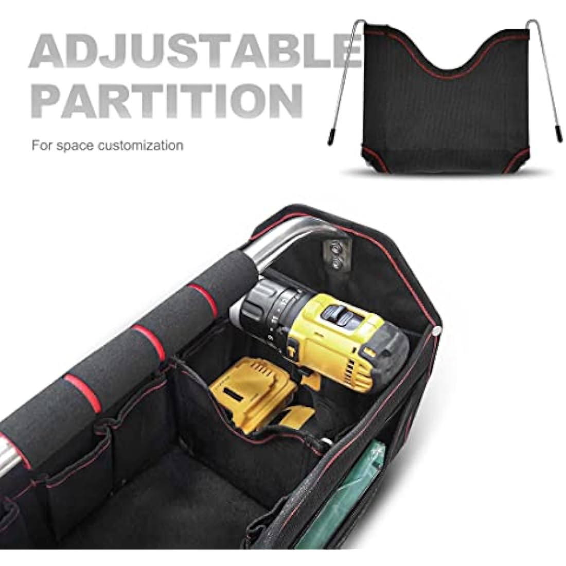 HAUTMEC 18 Inch Foldable Tool Tote Bag, Open Top Tool Bag with 27 Pockets and Removable Partition, Portable Tool Organizer with Adjustable Shoulder Strap & Water-Resistant Molded Base – HT0020