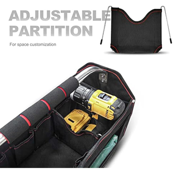 HAUTMEC 18 Inch Foldable Tool Tote Bag, Open Top Tool Bag with 27 Pockets and Removable Partition, Portable Tool Organizer with Adjustable Shoulder Strap & Water-Resistant Molded Base – HT0020