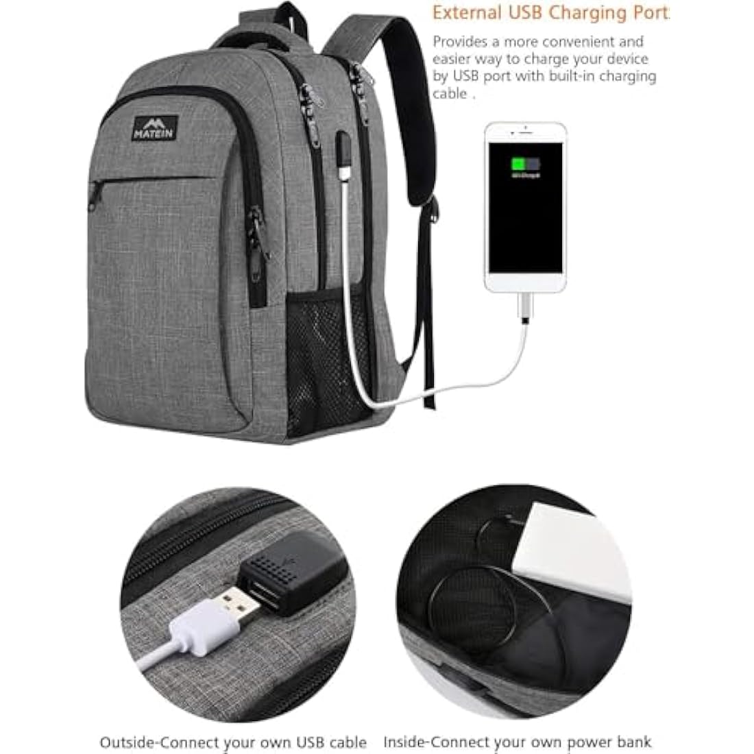 MATEIN Laptop Backpack 17.3 Inch Large Anti-Theft Backpack with USB Charging Port College Bag Daypack for Men Women Water Resistant Laptop Rucksack for Travel Work Business Office, Grey
