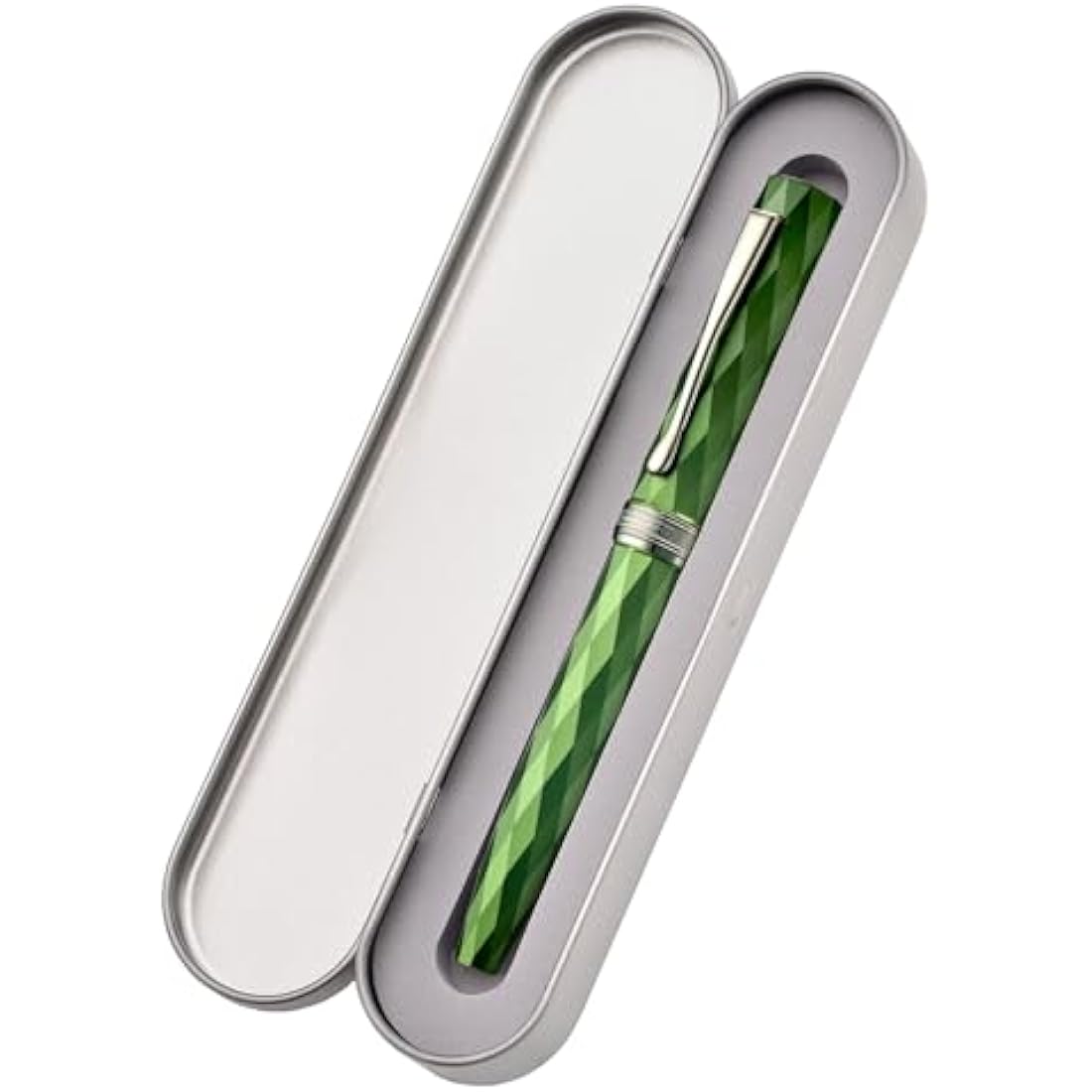 Hongdian N11 Fountain Pen, Titanium-Coated Black Fine Soft Nib, Grass Green & Lozenge Geometric Design with Metal Case Set