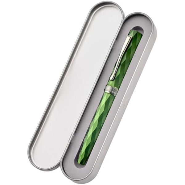 Hongdian N11 Fountain Pen, Titanium-Coated Black Fine Soft Nib, Grass Green & Lozenge Geometric Design with Metal Case Set