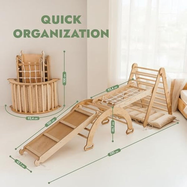 5-in-1 Indoor Climbing Frame for Toddlers - Wooden Triangle, Arch & Climbing Ramp & Net & Cushion, Montessori Climbing Frame, Kids Wooden Gym, Foldable Climbing Toys for Kids 1-5 Age