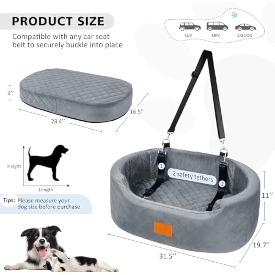 Dog Car Seat for Large/Medium Dogs Under 55 lbs, Travel Bed with thick Washable Booster Pet Car Seat with Non-Slip Base, Fits SUV & Car Back Seat (Gray)