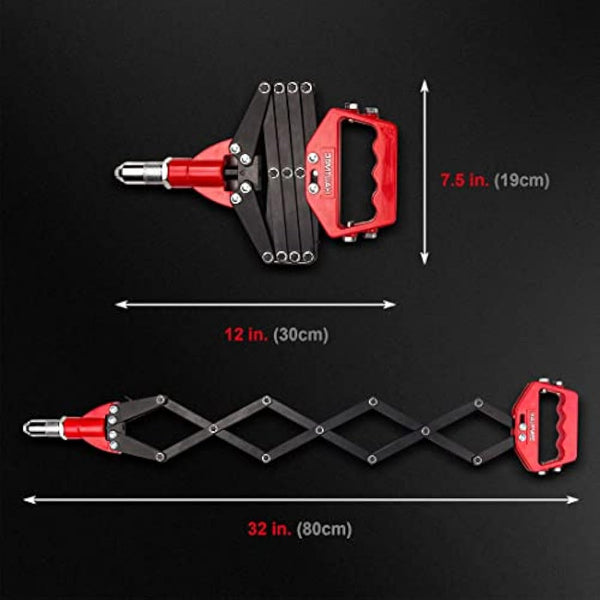 HAUTMEC 5-in-1 Rivet Gun 12" Expert Heavy-Duty Lazy Tong Pop Riveter with Portable Wrench, Single Pull Action Riveter, Fast Riveting HT0130-UK