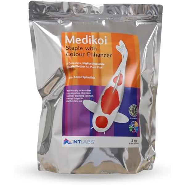NT Labs Medikoi Staple with Colour Enhancer, Complete Feed For All Pond Fish, Ideal For Spring, Summer and Autumn Feeding, Enhances Colours of Pond Fish, Koi Fish Food (3kg)(6mm)