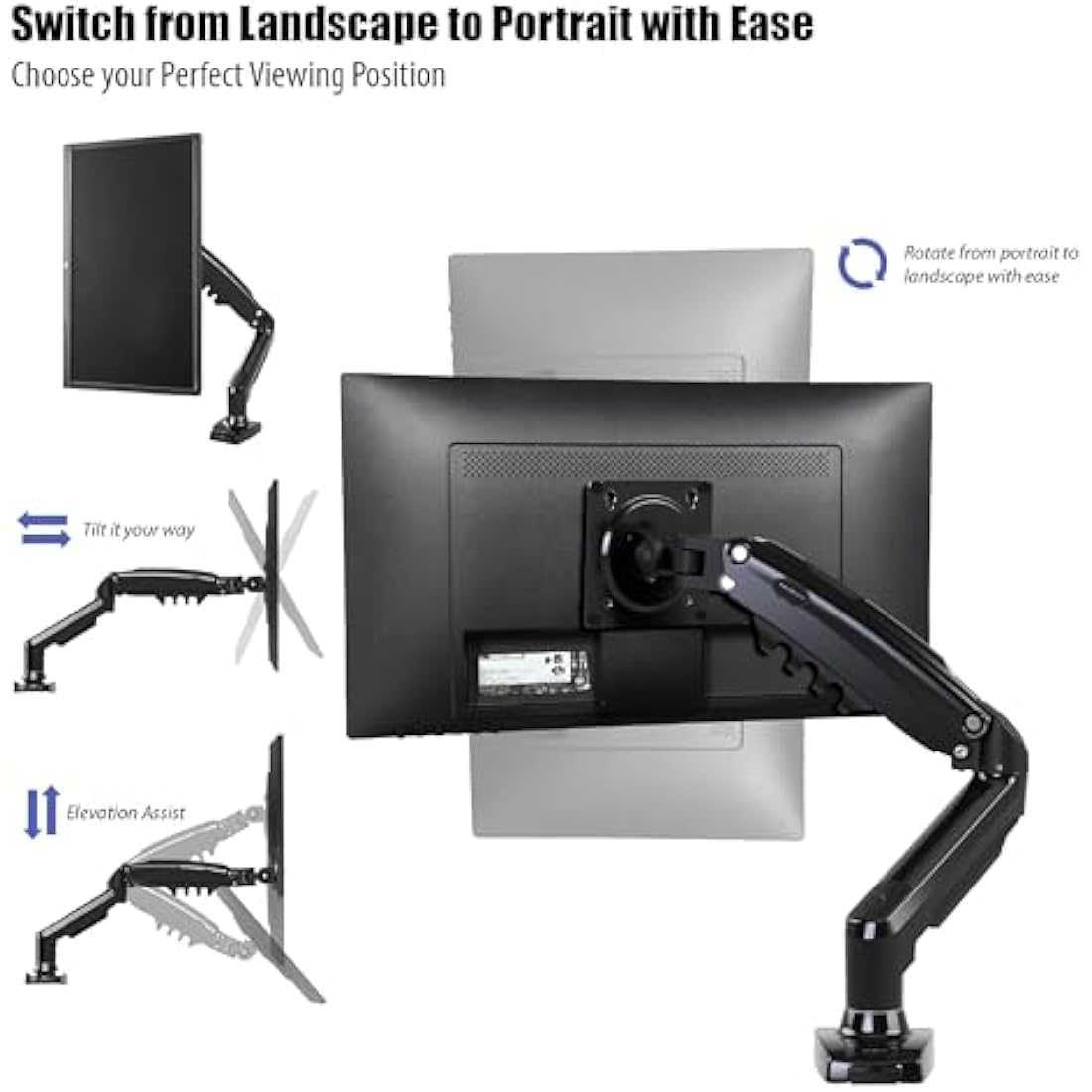 Invision PC Monitor Arm Ergonomic Height Adjustable Gas Assisted Full Motion | Single Arm Desktop Clamp Mount for 17–27” Screens with Tilt Swivel Extend | VESA 75mm/100mm Weight 2kg-6.5kg (MX150)