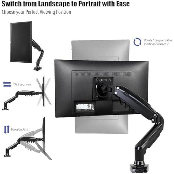 Invision PC Monitor Arm Ergonomic Height Adjustable Gas Assisted Full Motion | Single Arm Desktop Clamp Mount for 17–27” Screens with Tilt Swivel Extend | VESA 75mm/100mm Weight 2kg-6.5kg (MX150)