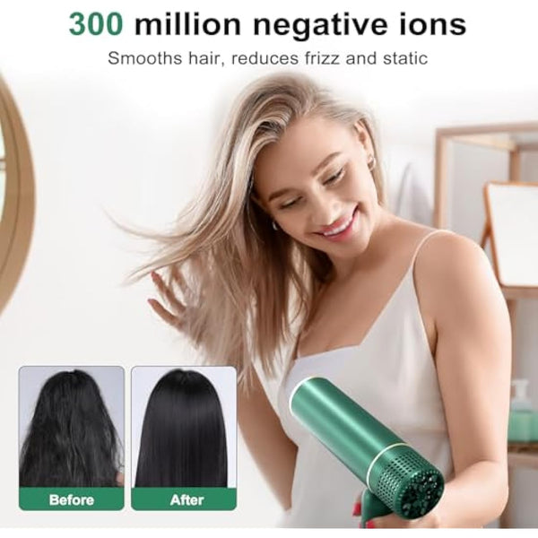 7MAGIC Travel Ionic Hair Dryer, Lightweight Foldable Blow Dryer with Diffuser for Curly Hair & Constant Temperature Care, Anti-Hair Suction Technology Hairdryers for Women, Green