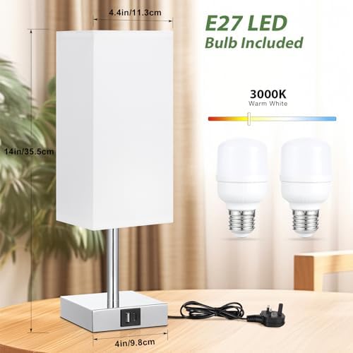 Aooshine Bedside Lamps Set of 2, Touch Lamps Bedside with USB-C+A Charging Ports, Table Lamp with 3-Way Dimmable, Small Table Lamps for Bedroom with White Fabric Shade(Bulbs Included)