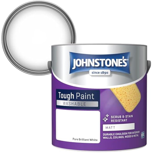 Johnstone's - Washable Paint - Pure Brilliant White - Matt Finish - Emulsion Paint - Highly Durable - Stain Resistant - Non Toxic & Low Odour - 12m2 Coverage per Litre - 2.5L
