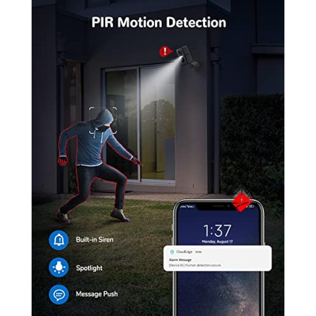 DEATTI Security Camera Outdoor Wireless, 2K Battery Operated WiFi CCTV Camera Systems, Outdoor/Indoor Home Security Camera with Siren Floodlight, PIR Motion Detection, 2-way Audio, IP66 Waterproof