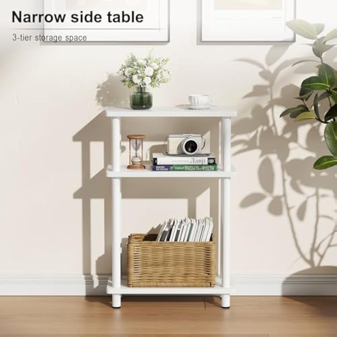 APICIZON Narrow Side Table, Slim Small Table, 3 Tier End Table Living Room, 40x18x61.5cm, Modern Thin Side Table for Living Room, Bedroom, Sofa, Small Nightstand with Magazine Rack, Save Space, White