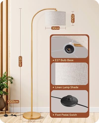 EDISHINE LED Floor Lamp, 63" Standing Lamp with Adjustable Linen Shade, Gold Metal Arc Light Pole, Modern Simple Floor Lamps for Living Room, Lounge, E27 Socket