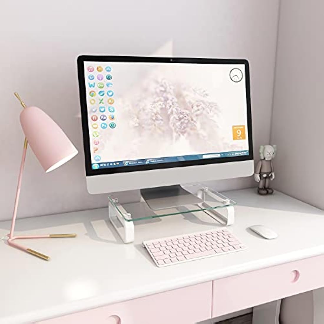 Hemudu Clear Computer Monitor Stand Riser Multi Media Desktop Stand for Flat Screen LCD LED TV, Laptop/Notebook, with Tempered Glass and Metal Legs, HD02T-001P