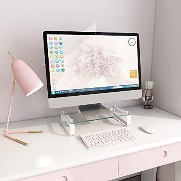 Hemudu Clear Computer Monitor Stand Riser Multi Media Desktop Stand for Flat Screen LCD LED TV, Laptop/Notebook, with Tempered Glass and Metal Legs, HD02T-001P