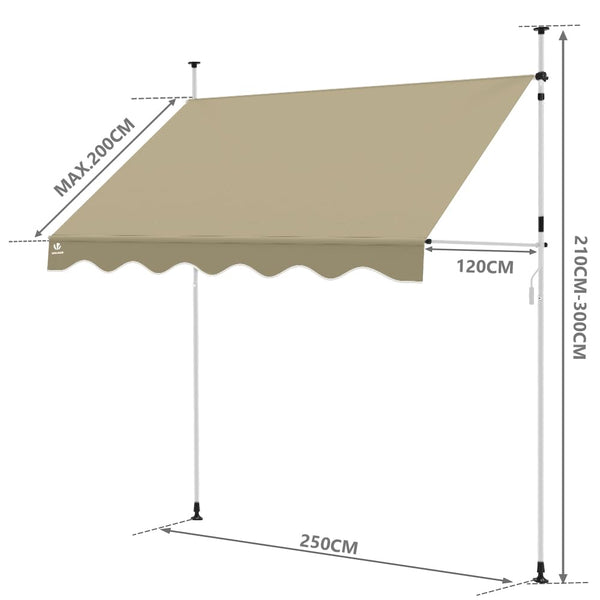 VOUNOT? 2.5 x 1.2m Patio Telescopic Awning, Retractable Manual Awning, Adjustable Waterproof Canopy with Hand Crank, Balcony Sun Shade Shelter, Beige
