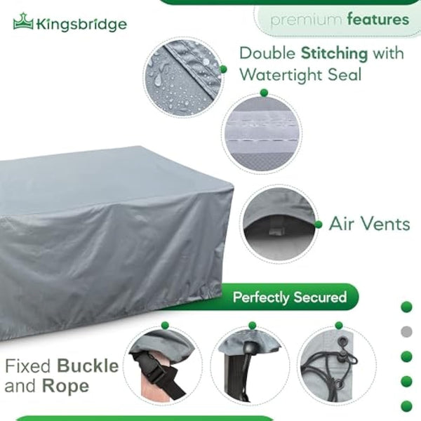 Kingsbridge Rectangular Garden Furniture Table Cover 600D Heavy Duty Fabric, Double Stitching, Waterproof, Anti UV, Breathable, Rip Proof, Grey Outdoor Patio Furniture Protector 170 x 100 x 75cm