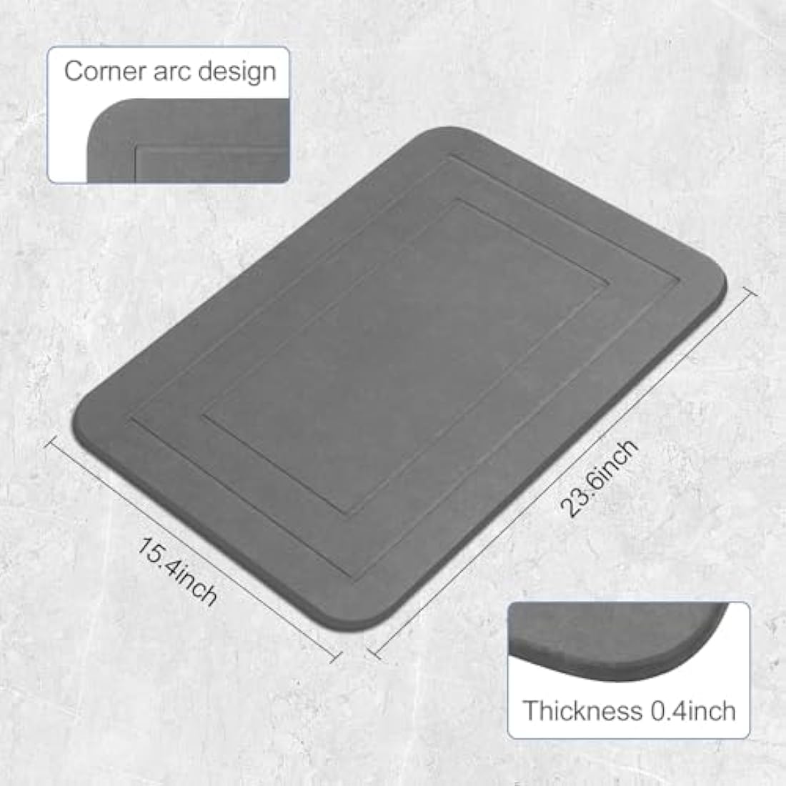 HUMIGA 2 Pack Stone Bath Mat, Diatomaceous Earth Shower Mat, Non-Slip Super Absorbent Quick Drying Bathroom Kitchen Floor Mat (Grey, 24x15)
