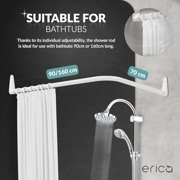 Erica Shower Curtain Rail for Bathtubs, L-Shaped Shower Curtain Pole in three varations 70x90cm / 70x160 cm / 90x140 cm, Wall Mounted Shower Pole, Curved Shower Rail, White Powder Coated Steel