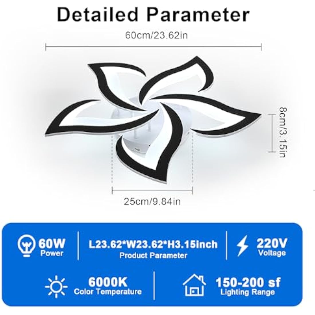 Dorlink LED Ceiling Light, 60W 5400LM Modern Design Ceiling Lighting, 5 Lights Living Room Ceiling Light Acrylic Black Flower Fittings Ceilings for Bedroom, Kitchen, Dining Room 6500K Cool White