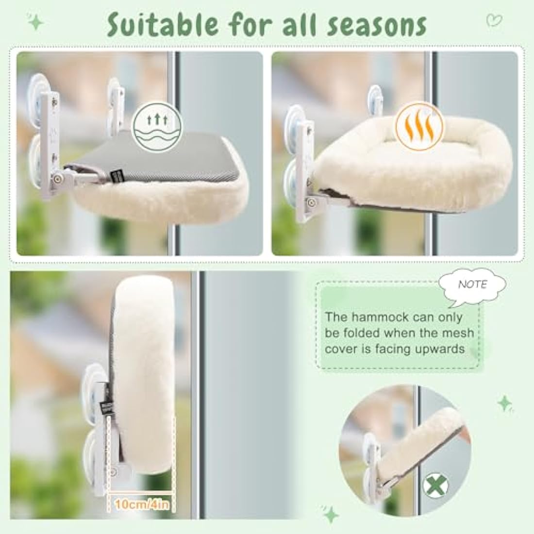 GUUSII HOME Cat Window Bed Hammock Cordless Perch Window Sill Seat for Indoor Cats Kitty Shelves with Sturdy Suction Cups Washable Plush Cushion 53 * 30cm Holds Up to 18kg Easy to Install(Beige)