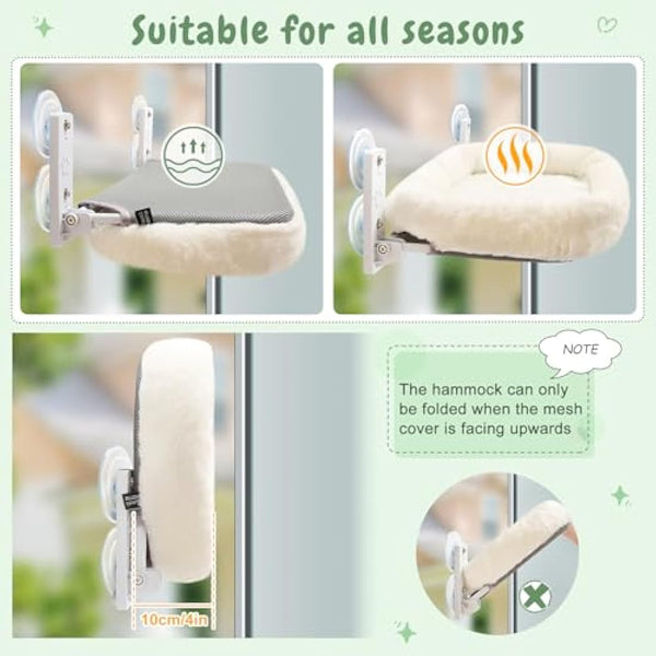 GUUSII HOME Cat Window Bed Hammock Cordless Perch Window Sill Seat for Indoor Cats Kitty Shelves with Sturdy Suction Cups Washable Plush Cushion 53 * 30cm Holds Up to 18kg Easy to Install(Beige)