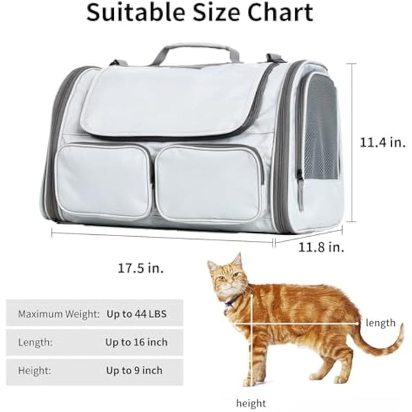 FUKUMARU Cat Carrier, Soft-Sided Small Dog Carrier, Large Cat Travel Bag with 4 Mesh Windows, Airline Approved Pet Carrier with 4 Storage Pockets, Rollable Cover for Nervous Pets, Grey
