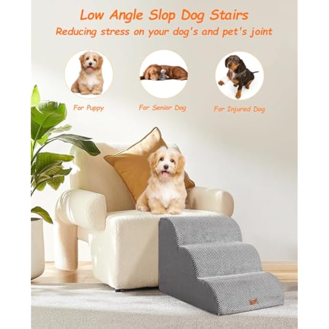 Ezkamfort Dog Steps for Bed, 5-Steps High Density Foam Dog Stairs with Detachable Cover & Non Slip Bottom, Waterproof Pet Steps Ladder for Sofa, Couch & Bed-Grey