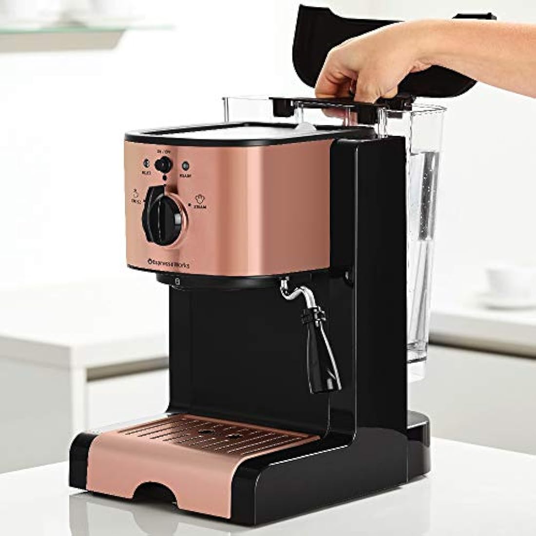 7 Pc All-in-One Espresso & Cappuccino Maker Machine Barista Bundle Set w/Built-in Steam Wand (Inc: Coffee Bean Grinder, Portafilter, Frothing Cup, Spoon w/Tamper & 2 Cups) (Rose Gold)