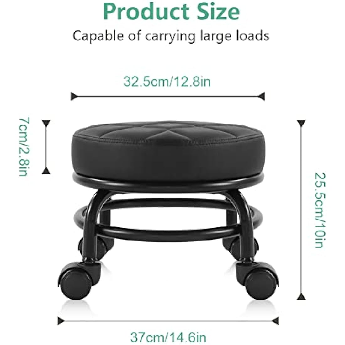 FURWOO Roller Seat PU Leather Low Round Rolling Floor Stool with Universal Caster Wheels for Home Fitness Sport Pedicure Stool, H：25.5cm(Black)