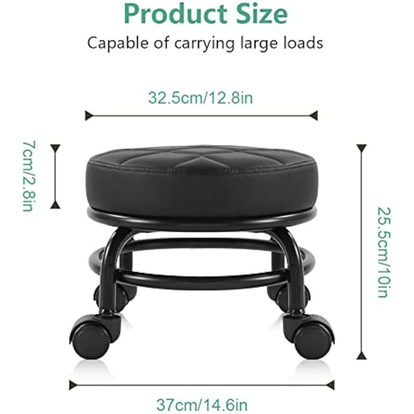 FURWOO Roller Seat PU Leather Low Round Rolling Floor Stool with Universal Caster Wheels for Home Fitness Sport Pedicure Stool, H：25.5cm(Black)