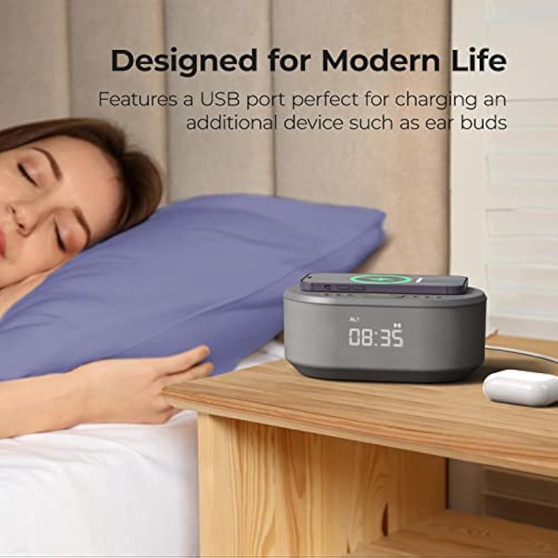 i-box Alarm Clocks Bedside, Alarm Clock with Wireless Charging, Bluetooth Speaker, Radio Alarm Clock, Fast Qi Wireless Charger, Mains Powered, FM Radio, USB Charging Port, Dimmable, Non Ticking