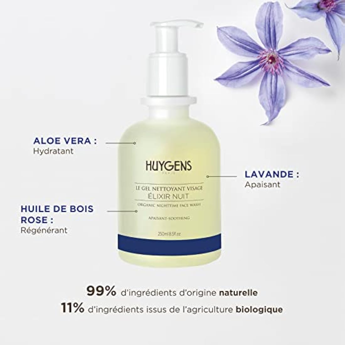 HUYGENS - Elixir Night Face Wash - Organic Certified - 250 ml - Infused with Rosewood & Lavender Essential Oils - Vegan - 100% Natural - Made In France