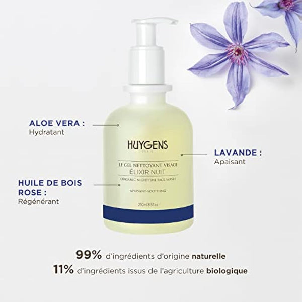 HUYGENS - Elixir Night Face Wash - Organic Certified - 250 ml - Infused with Rosewood & Lavender Essential Oils - Vegan - 100% Natural - Made In France