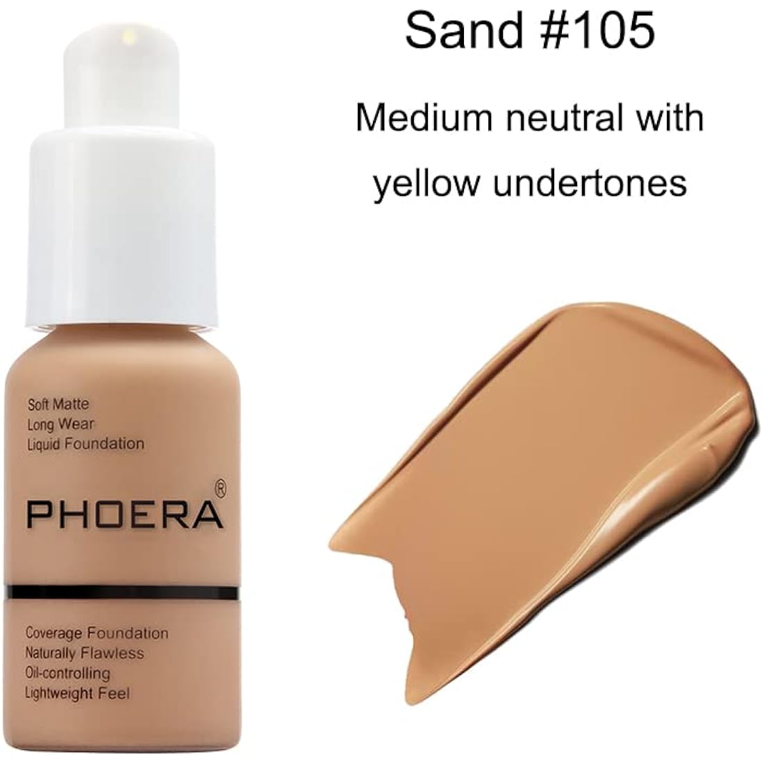 ABRUS® - Phoera Foundation Makeup, Full Coverage, Soft Matte Oil Control Concealer, Liquid Foundation, Long Lasting 24HR Waterproof and Blendable 30ml (105 Sand)