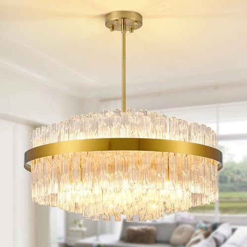 KUNYEEE Gold Crystal Chandeliers Flush Mount Crystal Ceiling Light Fixture Round Chandeliers Pendant Light for Living Room Kitchen Island Dining Table Hallway, G9 x 12 Lights 60cm