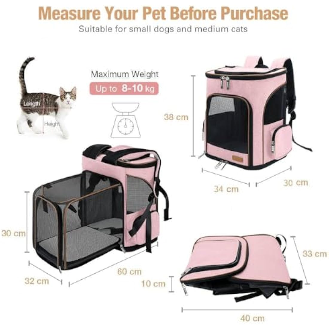 Lekesky Expandable Cat Carrier Backpack - Portable Breathable Rucksack for Medium and Small Cats & Dogs, Foldable with Inner Escape-proof Leash and Pet Mat, Supports 20 lbs (Pink)