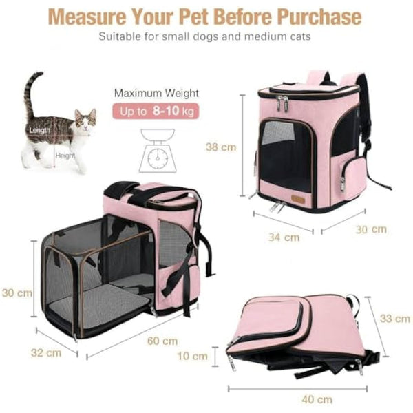 Lekesky Expandable Cat Carrier Backpack - Portable Breathable Rucksack for Medium and Small Cats & Dogs, Foldable with Inner Escape-proof Leash and Pet Mat, Supports 20 lbs (Pink)