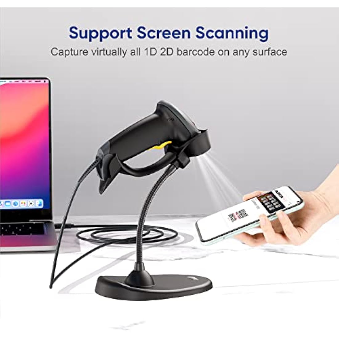 Eyoyo Handheld 2D Barcode Scanner with Gooseneck Stand, Automatic USB Wired QR Code Scanner Bar Code Reader Support Screen Scanning for PC POS System Library Store Supermarket Check-Out, Inventory…